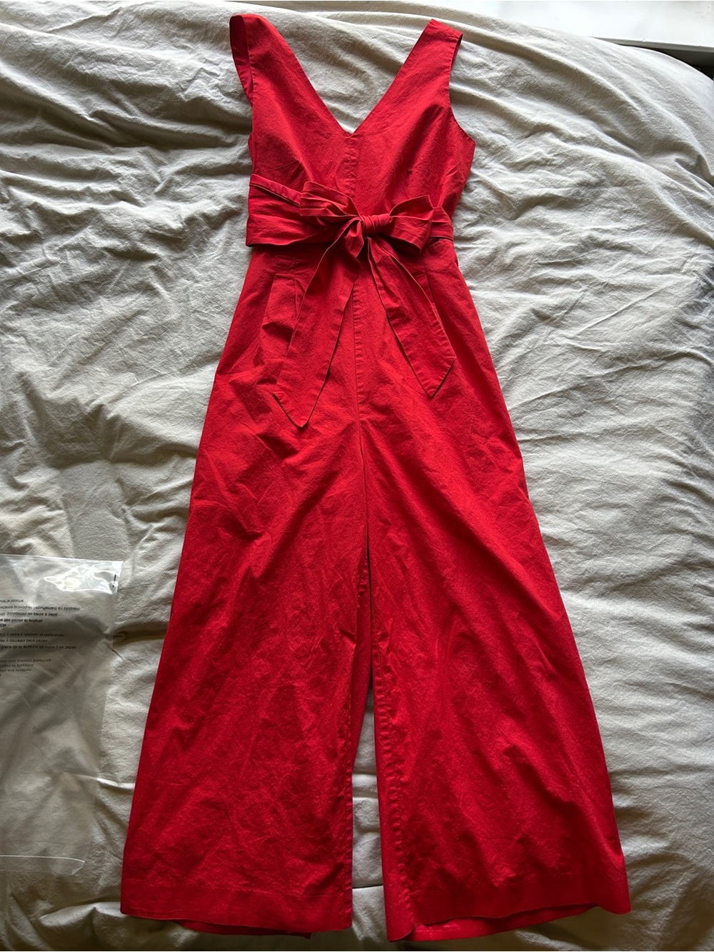 J. Crew Red V-Neck Wide-Leg Jumpsuit with Wrap Waist Tie